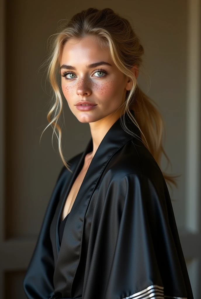 Full body portrait, (RAW Photo) , beautiful blue-eyed girl in her 20s with long blonde hair in ponytail , (((ankle
length ((black and silver lined satin cape:1.20))+++ tied at the neck))) , leotard , full body, slight skin
blemishes, sly smile, high-quality ultra realistic style, warm tones, soft lighting, detailed
eyes, subtle freckles, professional, expressive , 8K , highly detailed