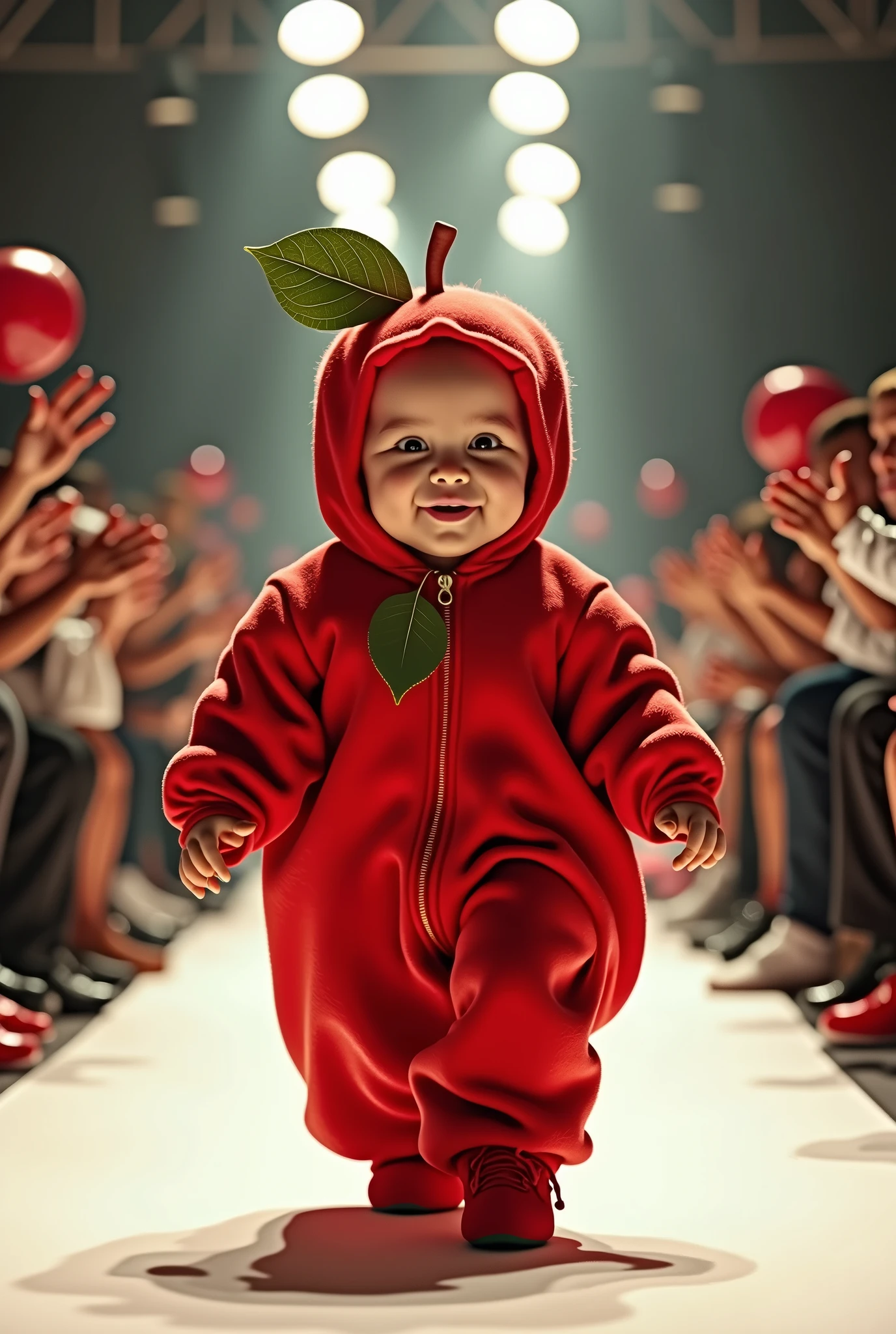 Excessive detail cute smiling newborn wearing an apple costume in a real life fashion show and full body