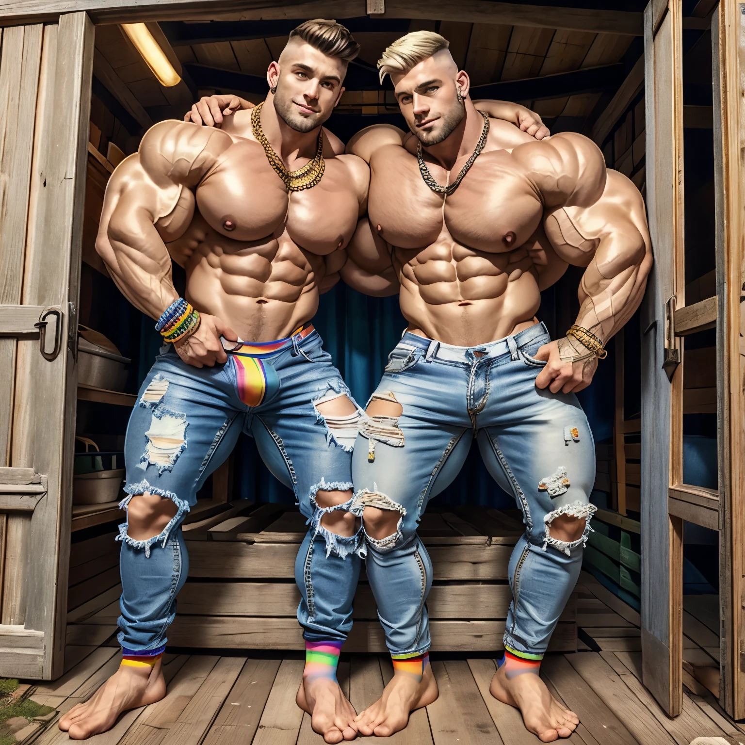 full view full body, 2 different white european over-muscular young handsome gay cowboys, with undercut fresh haircuts, wearing both old tattered jeans and rainbow socks, No Shoes, and gay styled rings, bracelets, chains and necklaces, pierced nipples with gold rings and chains, embracing very close each other, pecs are touching, front very old farm in middlewest, they both show their nice rainbow socks