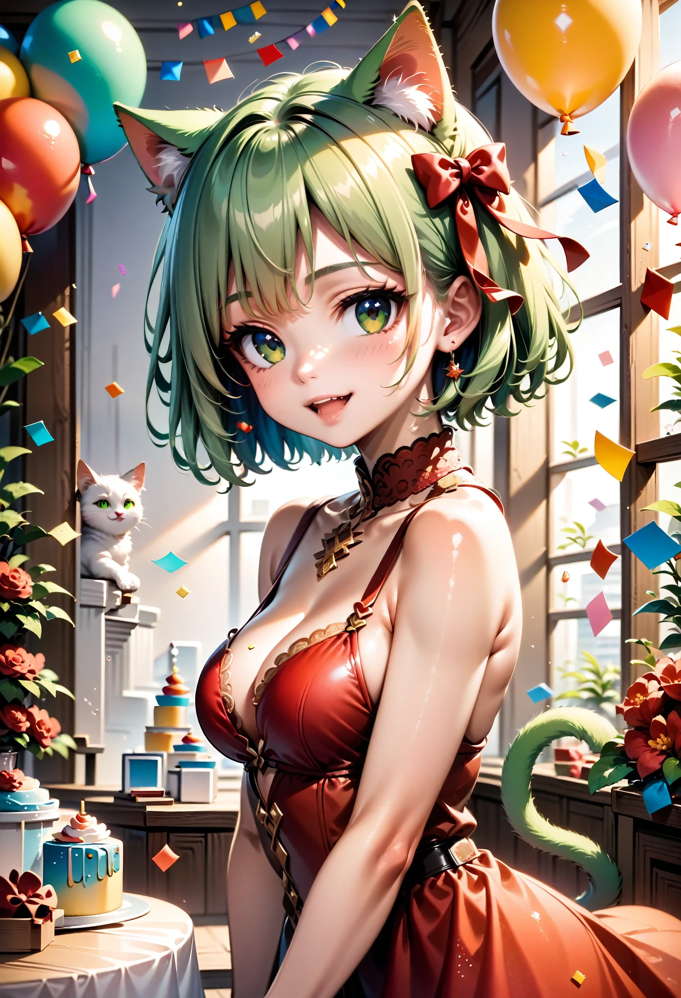 1 cat girl, emerald eyes, cat tail, cat ears, light green hair, short hair, smile, open mouth, cute, medium breasts, bare shoulders, red ribbon, (hair ribbon:1.1), dress, confetti, party, indoors, balloon, gorgeous, glitter, sharp focus, looking at viewer, upper body, (intricate:1.1), (light green tone:1.1), (light brown tone:0.9), (light green atmosphere:1.1), llustration, anime coloring, high contrast, BREAK (masterpiece:1.2), (best quality:1.2), (very aesthetic:1.2), (absurdres:1.2), (detailed background), newest, ai-generated, (intricate details:1.2),