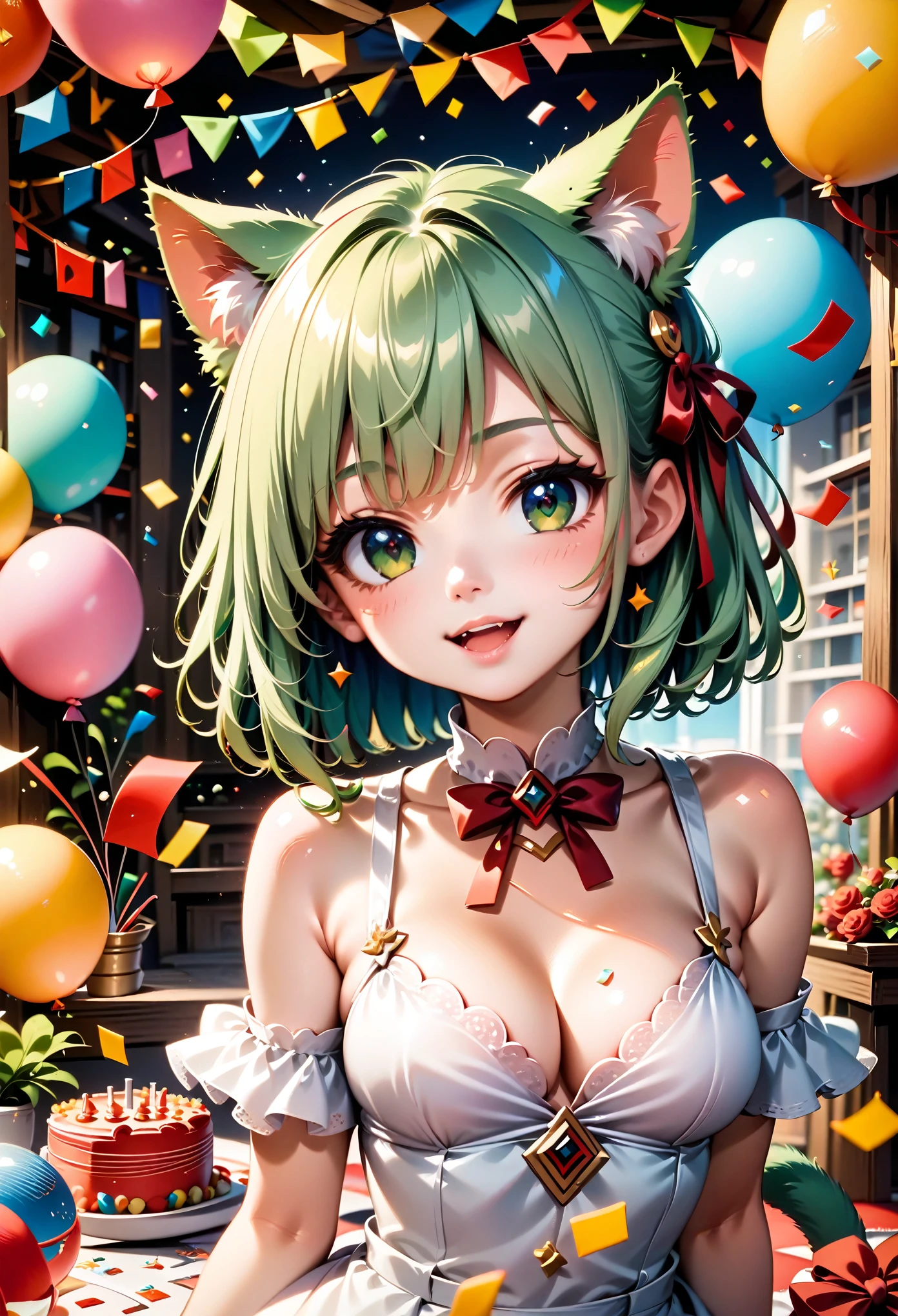 1 cat girl, emerald eyes, cat tail, cat ears, light green hair, short hair, smile, open mouth, cute, medium breasts, bare shoulders, red ribbon, (hair ribbon:1.1), dress, confetti, party, indoors, balloon, gorgeous, glitter, sharp focus, looking at viewer, upper body, (intricate:1.1), (light green tone:1.1), (light brown tone:0.9), (light green atmosphere:1.1), llustration, anime coloring, high contrast, BREAK (masterpiece:1.2), (best quality:1.2), (very aesthetic:1.2), (absurdres:1.2), (detailed background), newest, ai-generated, (intricate details:1.2),