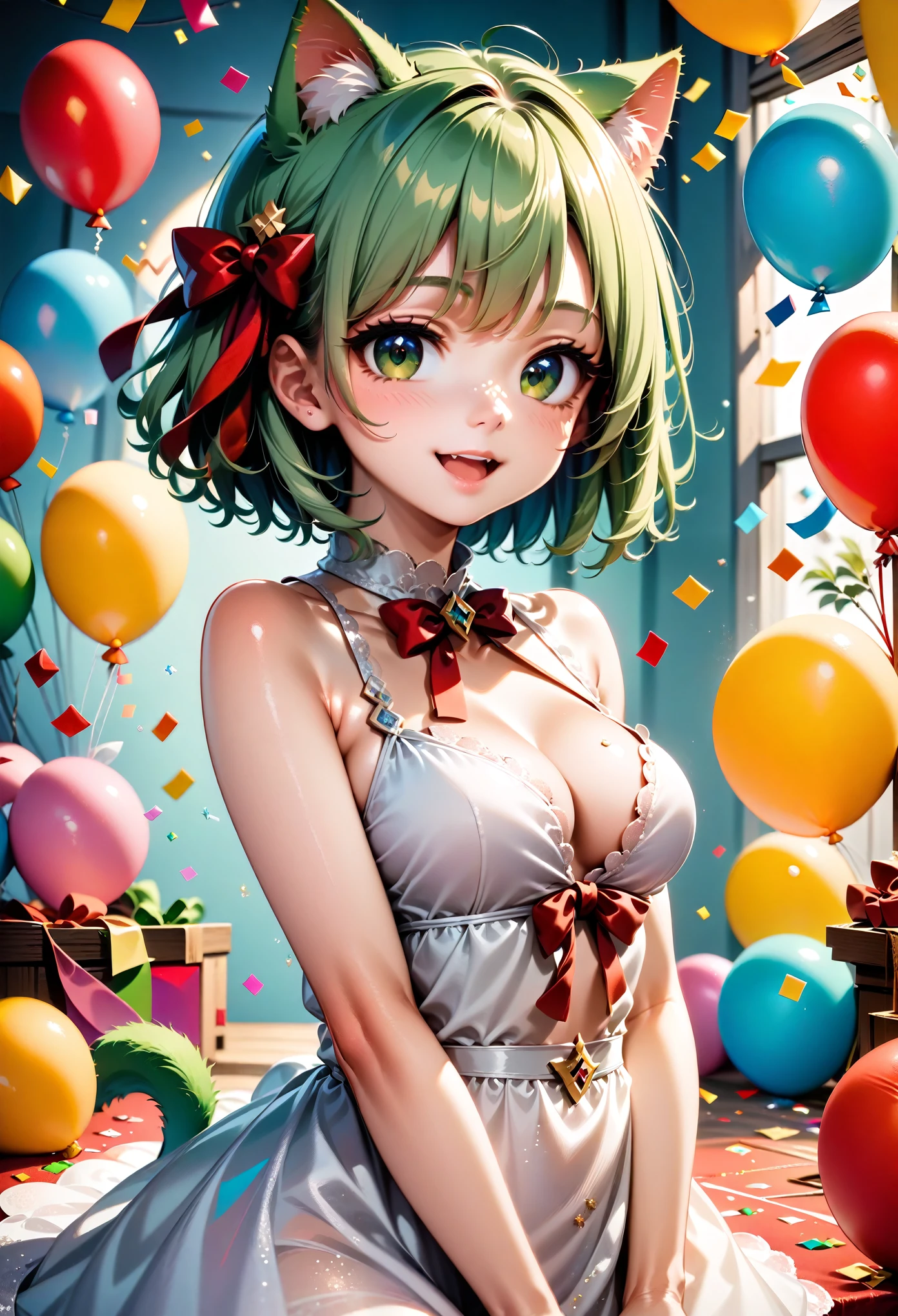 1 cat girl, emerald eyes, cat tail, cat ears, light green hair, short hair, smile, open mouth, cute, medium breasts, bare shoulders, red ribbon, (hair ribbon:1.1), dress, confetti, party, indoors, balloon, gorgeous, glitter, sharp focus, looking at viewer, upper body, (intricate:1.1), (light green tone:1.1), (light brown tone:0.9), (light green atmosphere:1.1), llustration, anime coloring, high contrast, BREAK (masterpiece:1.2), (best quality:1.2), (very aesthetic:1.2), (absurdres:1.2), (detailed background), newest, ai-generated, (intricate details:1.2),