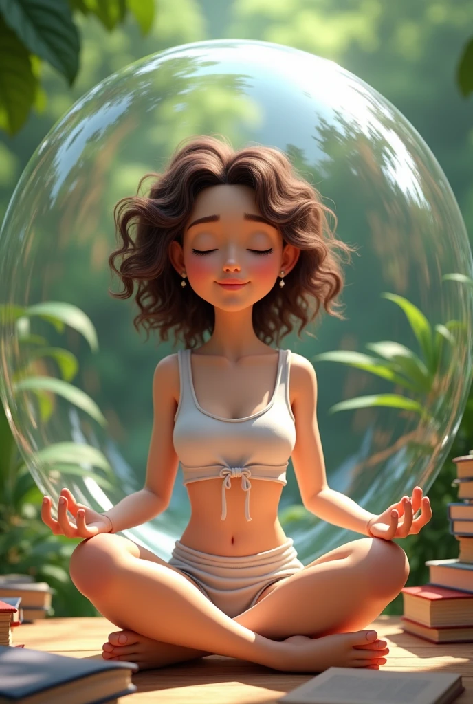 (realistic animation) creates an image of a young woman with a lot of life, curly, Brown hair, with books next to it and plants, meditating inside a bubble ,