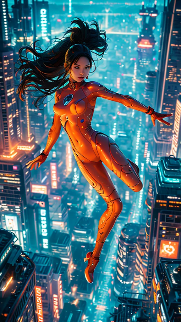 (ultra-detailed, masterpiece:1.2), extremely detailed artwork, best quality, high-resolution, hyper-realistic:1.37, attractive girl, breathtaking leap, background cityscape, realistic lighting, vibrant colors, elegant dress, flowing hair, graceful posture, mesmerizing expression, captivating eyes, delicate facial features, dynamic movement, bustling streets, towering skyscrapers, busy traffic, glowing neon signs, vibrant city life, breathtaking urban scenery, intricate architectural details, vivid city lights, bustling city ambiance, bustling streets, modern cityscape, urban energy,red suit