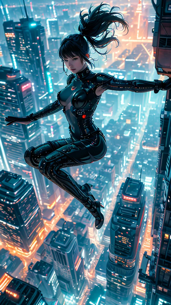 (ultra-detailed, masterpiece:1.2), extremely detailed artwork, best quality, high-resolution, hyper-realistic:1.37, attractive girl, breathtaking leap, background cityscape, realistic lighting, vibrant colors, elegant dress, flowing hair, graceful posture, mesmerizing expression, captivating eyes, delicate facial features, dynamic movement, bustling streets, towering skyscrapers, busy traffic, glowing neon signs, vibrant city life, breathtaking urban scenery, intricate architectural details, vivid city lights, bustling city ambiance, bustling streets, modern cityscape, urban energy,red suit