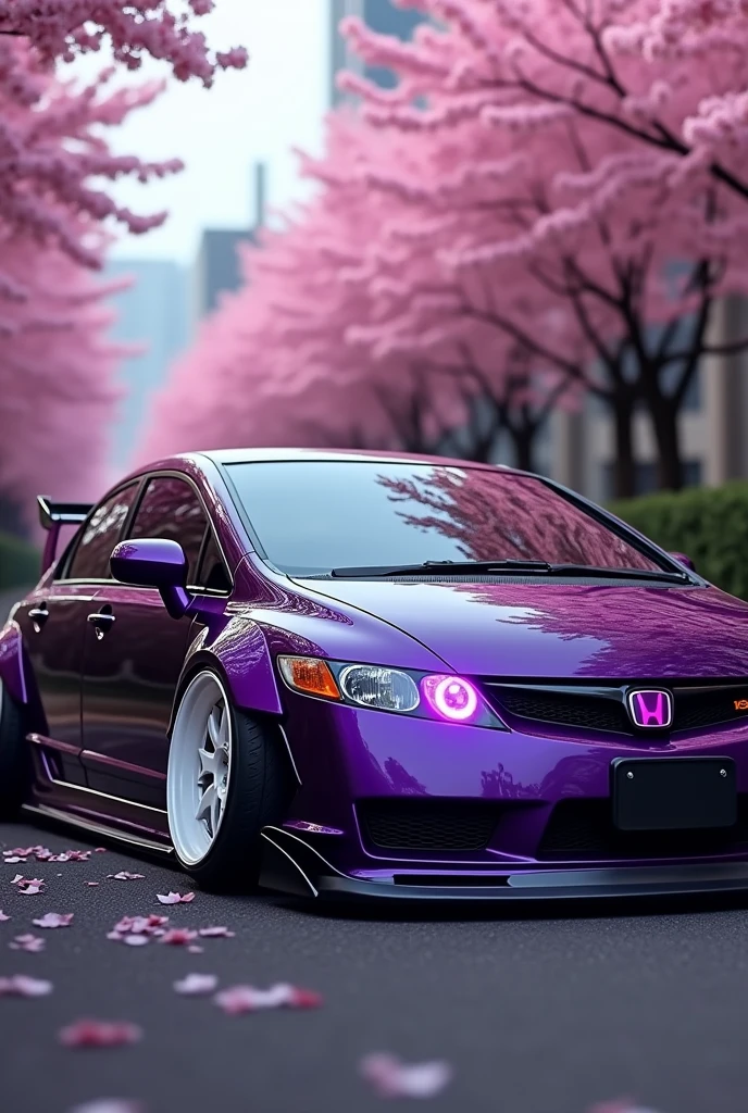 A dark purple 2010 Honda Civic with purple LEDs fast and furious style with front lip spoiler and side skirts simple white wheels on a street in Japan with realistic flowering tree scenery in wallpaper format