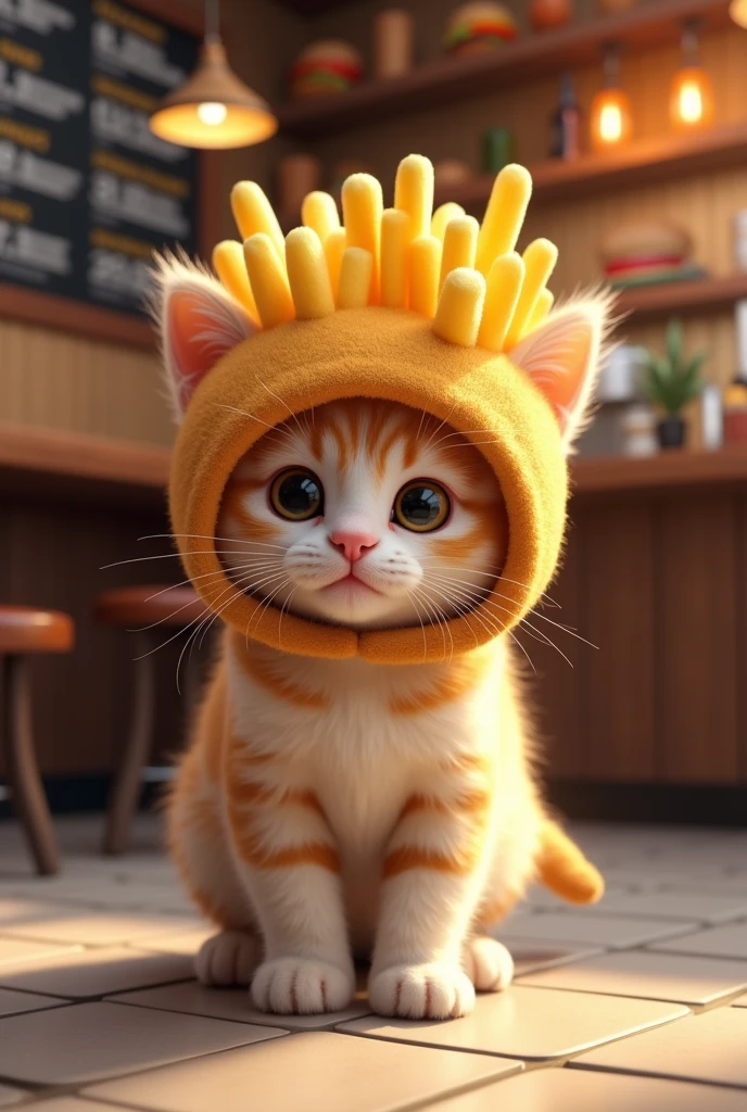 kitten cute French fries headgear Burger shop background Real