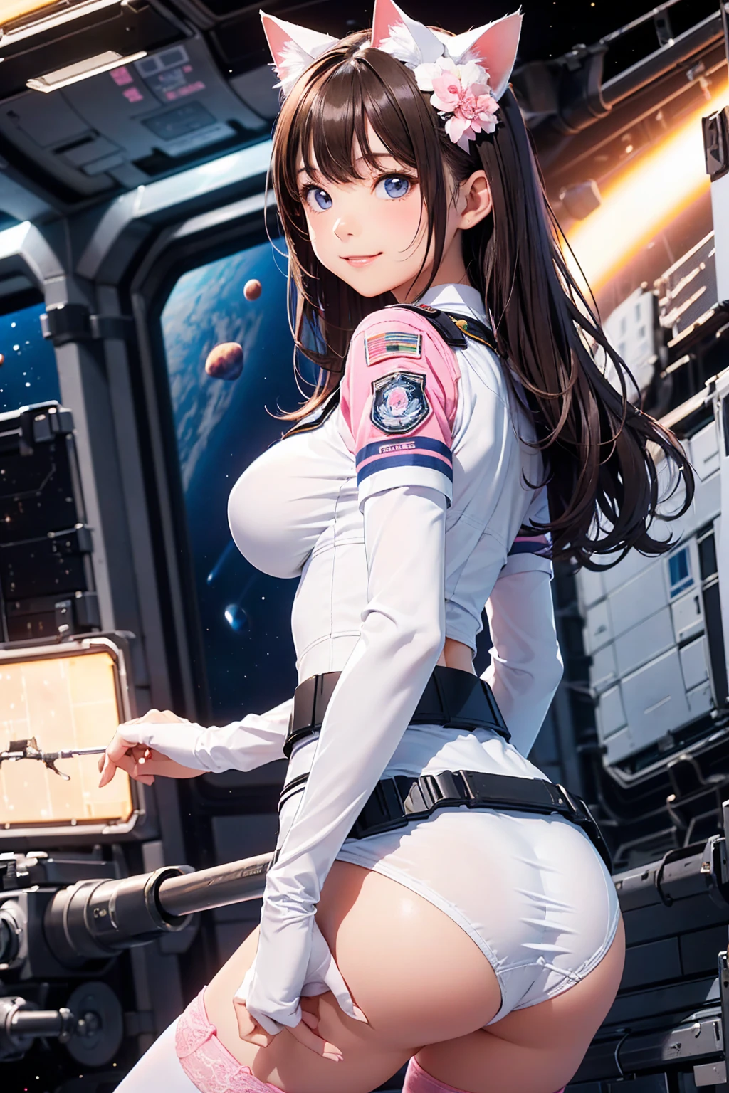 masterpiece,8k, (Highest quality), (Best Shadow), Delicate eyes, (((cockpit))),((((In space)))),Control Stick,(smile),double eyelid, White skin, (Glossy Lips),(Backlight), (LD)),Pure and cute girl,(Blue-gray eyes),(Wavy long hair),((Light brown hair)),Low angle position,(((Pink Earth Defense Force Uniform))), (Large Breasts),skirt,((White Stockings)),((Cat ear)),(Stick your butt out)