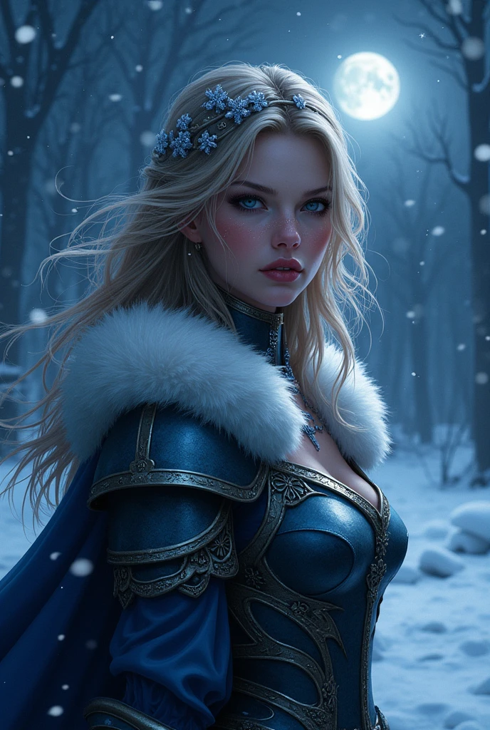 Poster Design Concept: "World of Warcraft: Frostbitten Beauty"
Overall Style:
Dark Fantasy with Ethereal Beauty: The poster will blend a hauntingly beautiful aesthetic with a chilling night scene, emphasizing the female knight's striking features against a backdrop of winter's harshness.
Key Elements:
Front-Facing Portrait: The female knight will be positioned directly facing the viewer, creating a powerful connection.
Stunning Features: Capture her beauty reminiscent of Taylor Swift, with delicate features and expressive eyes that convey both strength and vulnerability.
Wind-Swept Hair: Her hair will be tousled by the wind, flowing around her face and shoulders, with strands dusted with snow that have frozen into delicate ice crystals.
Facial Scars: Subtly incorporate scars on her face, enhancing her beauty with a sense of depth and resilience, telling a story of battles endured.
Background Design:
Chilling Night Scene: Set the scene in a dark, snowy landscape under a starry sky. The moonlight will cast a soft glow, illuminating her figure while the background remains shadowy and mysterious.
Falling Snow: Light snowflakes will be falling, creating a serene yet cold atmosphere, contrasting with her fierce presence.
Color Palette:
Cool Tones: Use a palette of deep blues, icy whites, and silvers, with soft highlights to emphasize her beauty and the cold environment. Hints of pale lavender can add warmth to her skin tone.
Overall Effect:
This poster will beautifully juxtapose the ethereal beauty of the female knight with the stark, cold environment of a winter night. Her captivating features, combined with the elements of wind and snow, will create a striking image that draws viewers into her world, evoking themes of beauty, strength, and resilience amidst the chilling embrace of winter in the "World of Warcraft" universe.
