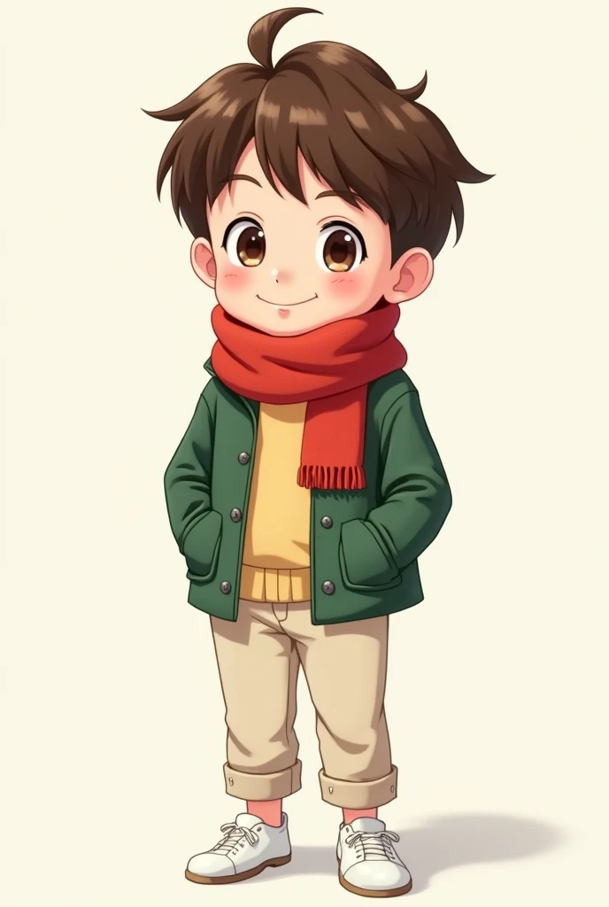 (anime/Cartoon)a boy with brown hair,with a green jacket and a red scarf around his neck,with cream-colored pants and white shoes