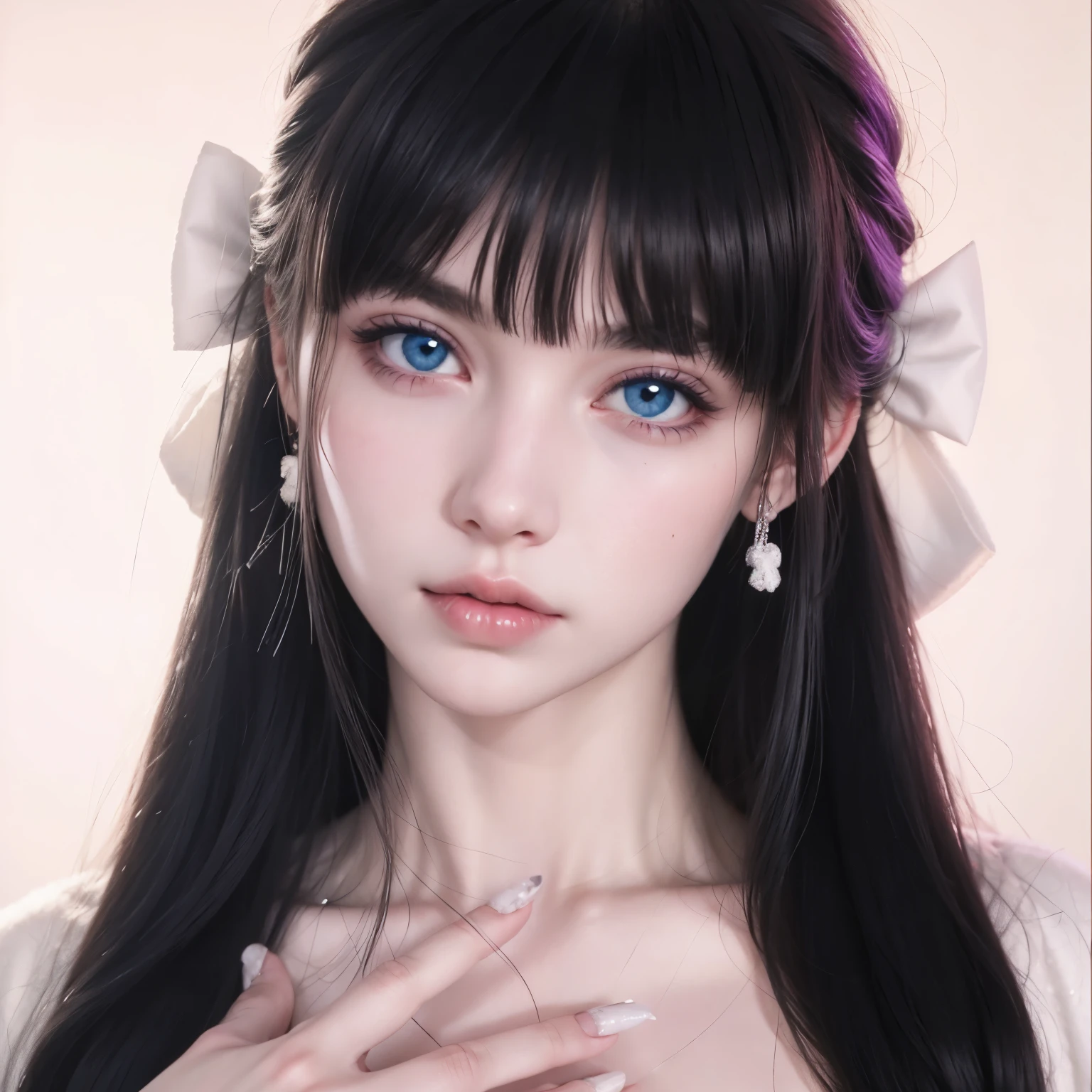 arafed woman with a white feathered headband and a white robe, pale snow white skin, pale porcelain white skin, white skin and reflective eyes, white detailed eyes, ulzzang, girl with white eyes, pale blue eyes, pale milky white porcelain skin, with long hair and piercing eyes, icy eyes, with gorgeous detailed eyes, porcelain pale skin