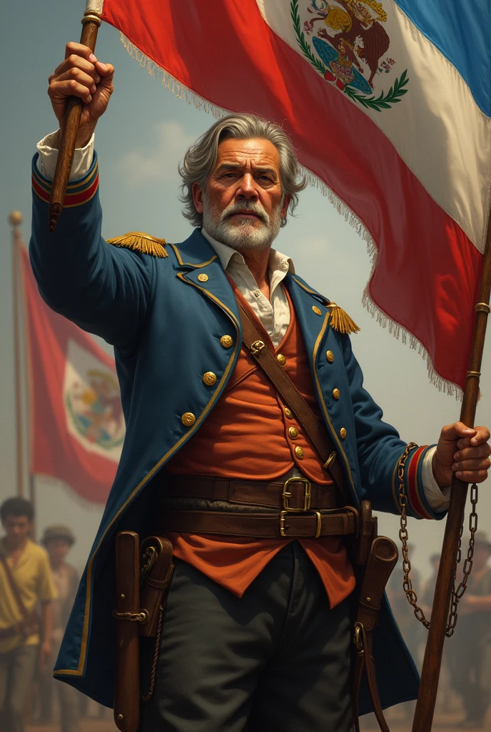 A middle-aged man dressed in period costume as a Central American congressman from 1820; Full body pose. He is proudly raising the banners of independence of Central America; It is important to emphasize this. He has a chain on his ankle that is broken, which represented the Spanish colony.
