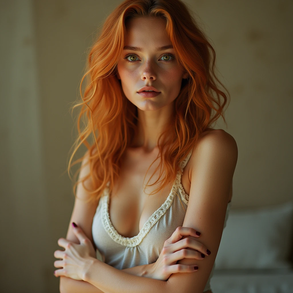 A very beautiful woman with wavy strawberry blonde hair and amber eyes with a fragile but powerful appearance, she is like a goddess, she is so beautiful. , She is simple and has a serene appearance, looking straight ahead, wearing a tank top and leggings, and she has her arms crossed. , realistic face detailed pores and details, hair color very strawberry color, amber eyes and angelic face mysterious with a fragile appearance but a powerful woman who carries the power of a moon goddess