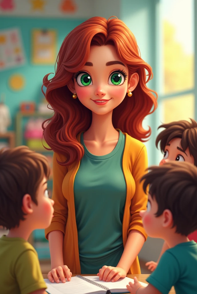 A green-eyed teacher, big nose, wavy hair and very pretty. and their  students in the preschool classroom 