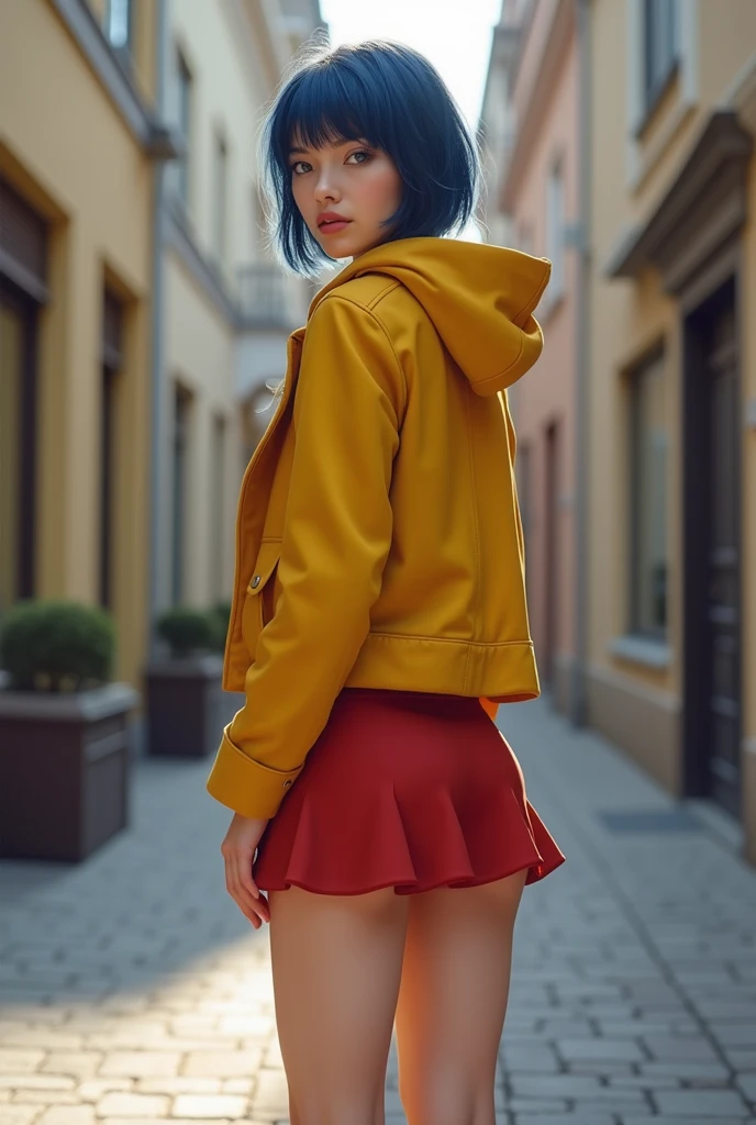 ultra mini skirt showing the buttocks ,realistic style, 4k, best quality, 18 er old girl, european, blue eyes, rectangular face type, triangle body type, wearing yellow coat with hood backwards and a red ultra mini skirt , wearing brown leather women's shoes, dark blue hair with straight bangs and short haircut, realistic, 4k, best quality