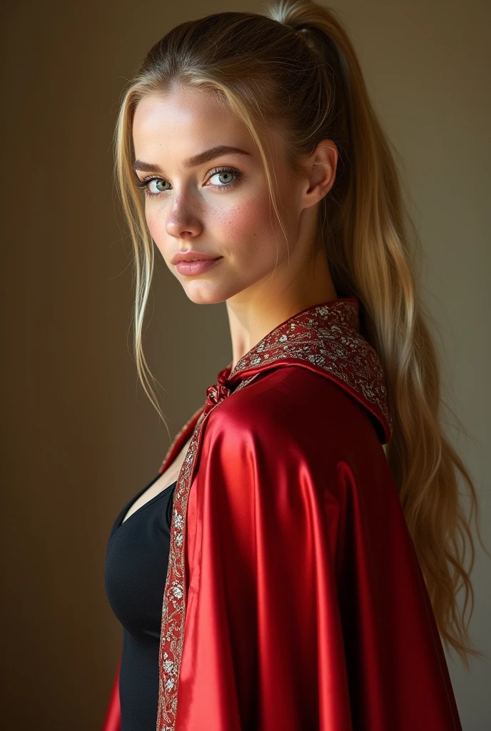 Full body portrait, (RAW Photo) , beautiful blue-eyed girl in her 20s with long blonde hair in ponytail , (((ankle
length ((red and silver lined satin cape:1.20))+++ tied at the neck))) , leotard , full body, slight skin
blemishes, sly smile, high-quality ultra realistic style, warm tones, soft lighting, detailed
eyes, subtle freckles, professional, expressive , 8K , highly detailed