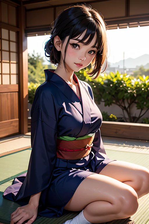 A woman in a yukata is sitting cross-legged。I'm in a floating sphere。. The yukata is Showa retro style. The sphere is made of water. delicate. Ultra-high performance. Abstract. wonderful. Fisheye Effect. The background is a dimly lit cave.. Everything is shrouded in mist.