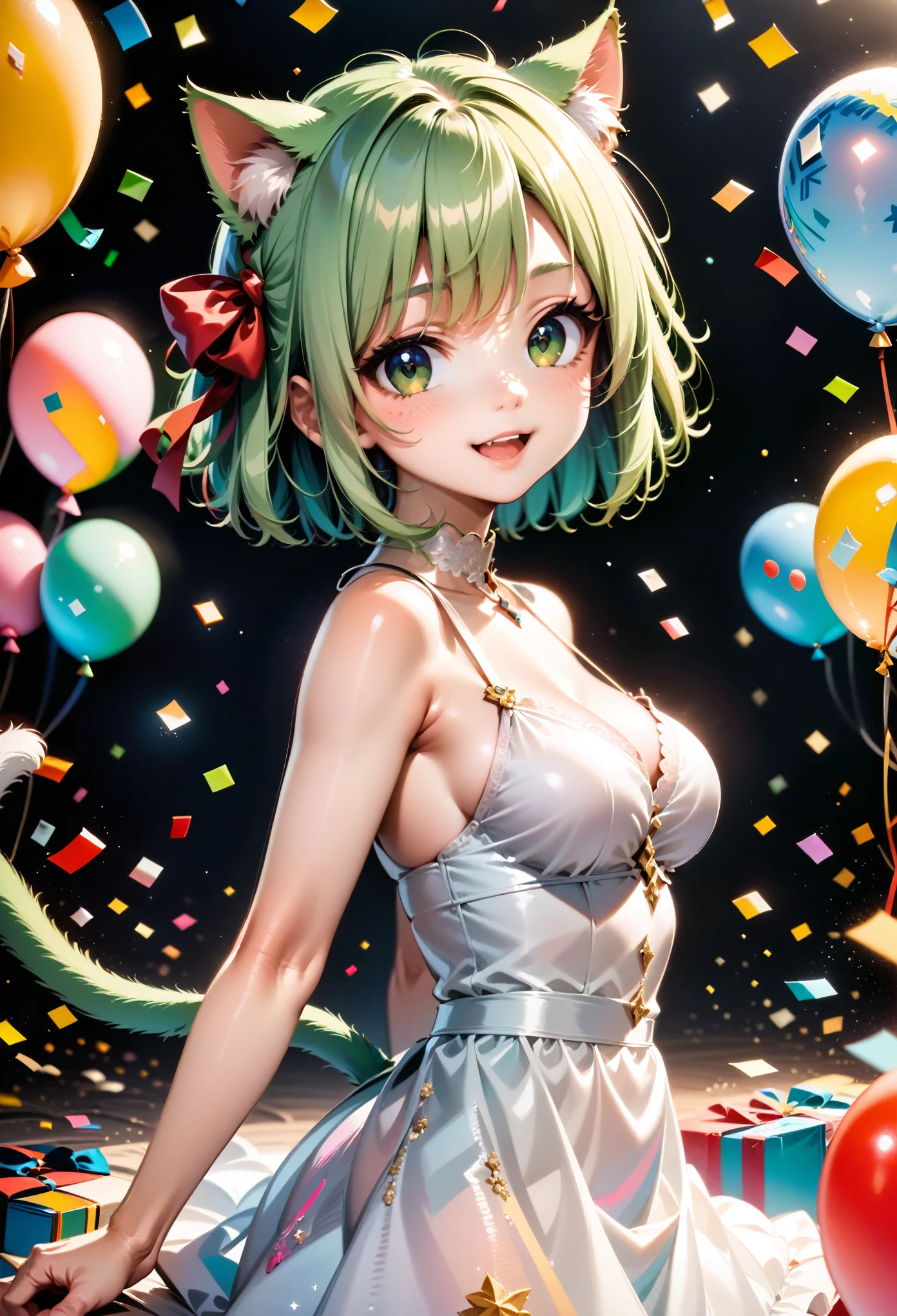 1 cat girl, emerald eyes, cat tail, cat ears, light green hair, short hair, smile, open mouth, cute, medium breasts, bare shoulders, red ribbon, (hair ribbon:1.1), dress, confetti, party, indoors, balloon, gorgeous, glitter, sharp focus, looking at viewer, upper body, (intricate:1.1), (light green tone:1.1), (light brown tone:0.9), (light green atmosphere:1.1), llustration, anime coloring, high contrast, BREAK (masterpiece:1.2), (best quality:1.2), (very aesthetic:1.2), (absurdres:1.2), (detailed background), newest, ai-generated, (intricate details:1.2),
