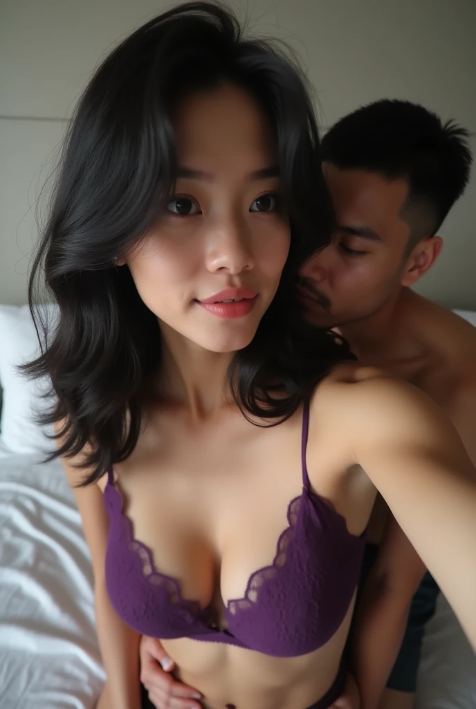 A realistic photo of three Thai siblings. (2 men, 1 woman) A sexy black-haired young woman in a purple lace bra is taking a selfie and is clearly seen with her husband and lover., The three of them were excited about the situation and enjoyed the teasing., Another man sitting on the bed, hugging, kissing and passionately kissing. She looked very excited and her breasts were showing..,