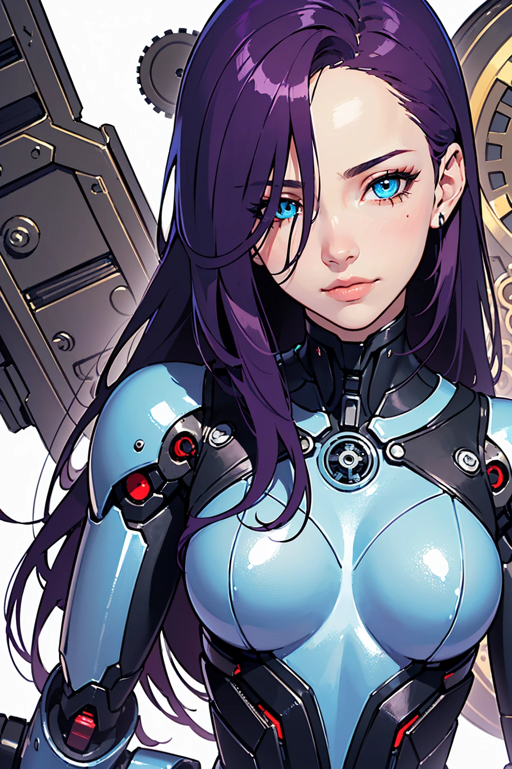 1girl, (masterpiece1.6, perfect face1.6), ((long dark purple hair)), (white skin tone), ((((1 red eye and one blue eye, perfect anatomy)))), ((perfection)), small figure, (((shiny skin, realistic skin texture, 90s style))), ((((cybernetic augmentations, clockwork)))), 8k, 4k resolution, highly detailed, (beautiful mature woman1.4, squinted eyes), (((top-half picture))),