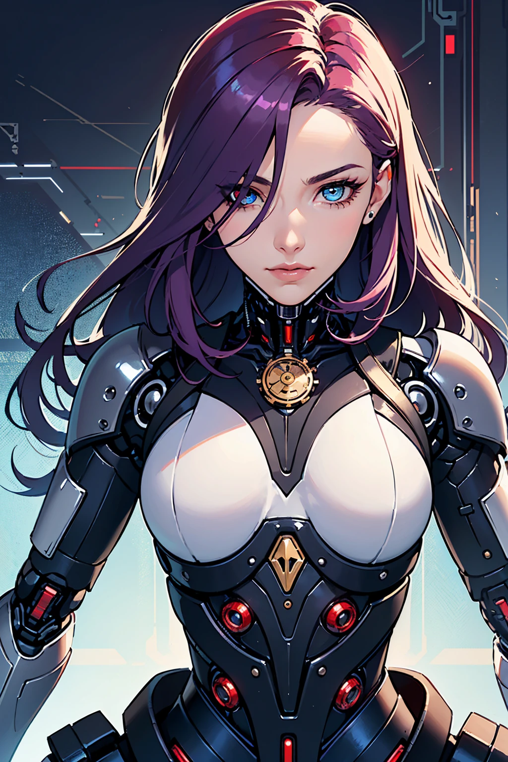 1girl, (masterpiece1.6, perfect face1.6), ((long dark purple hair)), (white skin tone), ((((1 red eye and one blue eye, perfect anatomy)))), ((perfection)), small figure, (((shiny skin, realistic skin texture, 90s style))), ((((cybernetic augmentations, clockwork)))), 8k, 4k resolution, highly detailed, (beautiful mature woman1.4, squinted eyes), (((top-half picture))),