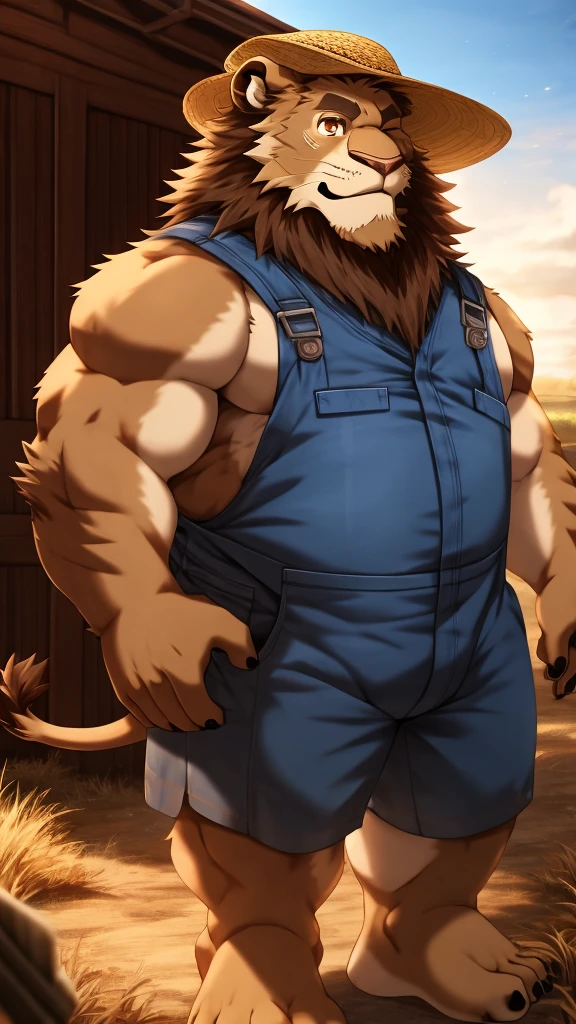 anime style, aid210, nj5furry, ((whole body)), ((overall, straw hat)), standing, ((plump middle-aged lion man)), BREAK ((brown eyes)), one eye closed, beautiful beard, beautiful ears, (male face:1.3), (big face:0.5), square jawline, (Male Eyes:1.2), (sharp eyes:0.8), (big eyes:0.5), male eyebrows, (innocent look:0.5), (beautiful black nails down to the last detail:1.2), BREAK (complete Anatomy), (detailed face:1.3), beautiful face, (detailed body), (beautiful hands:1.2), (detailed fingers:1.2), (detailed eyes:1.1), (beautiful Eyes:1.1), arm details, Leg Details, beautiful feet, BREAK Muscular anthlo, body hair, ((hairy skin)), fluffy, (blood vessel:-0.8), (glowing Skin:-0.7), (chest hair:0.5), (1 tail), (a beautiful and detailed small tail), BREAK farm, outdoor, ultra detailed, highest quality, ultra-high resolution, realistic, 16K, masterpiece, beautiful detailed, perfect solution, absurdists, (faint light),