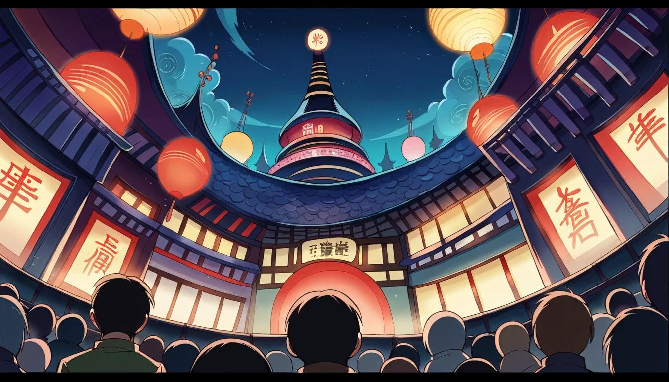 Brightly lit buildings in a city with a night sky painted on the ceiling, Chinatown Blade Runner, The background is a dark museum, howling\Moving Night Castle, Neon lights above the shop, Inspired by Yoshio Marukino, Disney Studio, Downtown Japan, Tokyo Mural, At dusk!, Cinematic view from low angles, panoramic, Theater stage