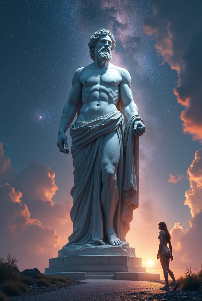 ((work of art))，(best qualityer))，greek style，in the universe，A huge statue of the God Zeus stands in space，Look to the camera，Zeus standing，glimmering，glow effect，naked woman on the road，Hyper-Realism，hyperphotorealism，real photography，8k，High definition，high qualiy，work of art，very well, (((offwhite)))，Discoloration，blurring，inking，8k，very well，high qualiy，(((oc renderer)))