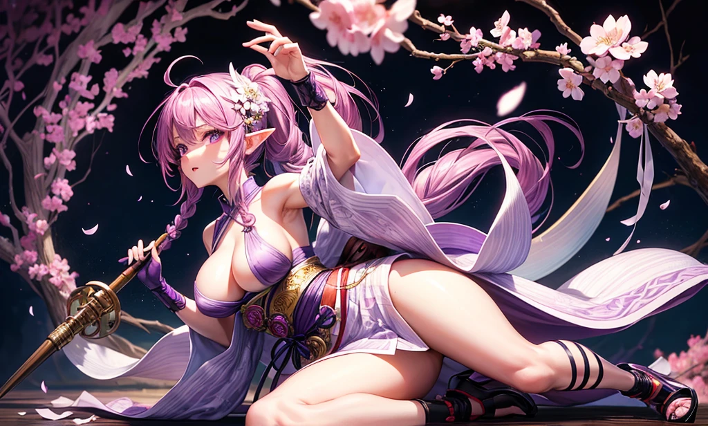 girl, , bright skin, long purple hair, braided into one ponytail, purple eyes, white yukata with open legs and sakura petals, slim, nice legs, black belt, black gloves, purple sakura flowers, purple long cloak, detailing, ideal, red and black bracelets on legs and arms, wooden shoes with thick high heels, Kanzashi, big breasts, big ass, elf