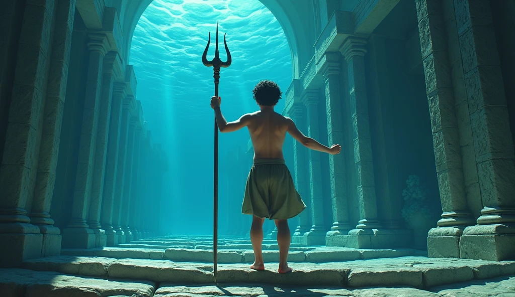 percy jackson, 14years boy, the sea throne, the Poseidon's Trident in his hand, underwater, black short hair and bright blue eyes, shirtless, greek clothes, varias divindades ajoelhadas diante dele jurando lealdade ao novo rei dos mares