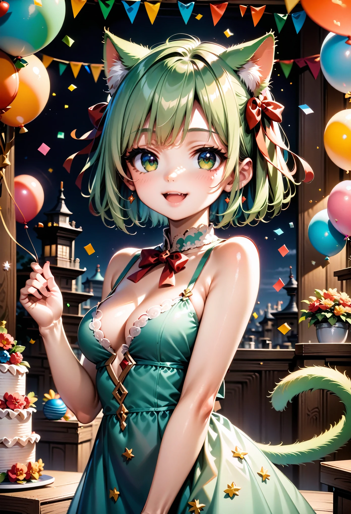 1 cat girl, emerald eyes, cat tail, cat ears, light green hair, short hair, smile, open mouth, cute, medium breasts, bare shoulders, red ribbon, (hair ribbon:1.1), dress, confetti, party, indoors, balloon, gorgeous, glitter, sharp focus, looking at viewer, upper body, (intricate:1.1), (light green tone:1.1), (light brown tone:0.9), (light green atmosphere:1.1), llustration, anime coloring, high contrast, BREAK (masterpiece:1.2), (best quality:1.2), (very aesthetic:1.2), (absurdres:1.2), (detailed background), newest, ai-generated, (intricate details:1.2),