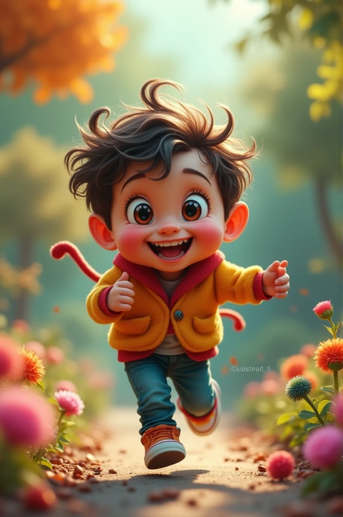 A small and mischievous being, with vibrant clothes and a big smile. Could be in a dynamic pose, jumping or running, in an environment that represents joy and curiosity, like a colorful forest or an amusement park.