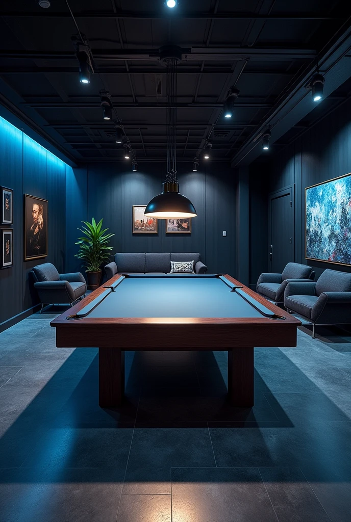 Create a game room. With a large space. With a pool table. Three black armchairs. Cool lighting. With stylish decoration.