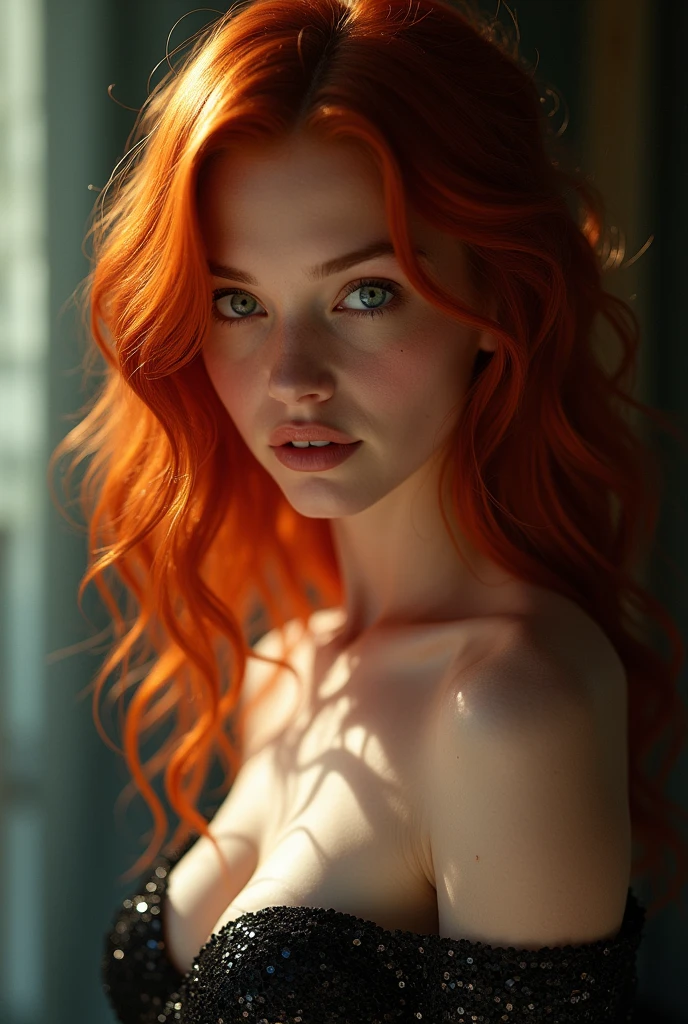 score_9, score_8_up, score_7_up,  (flirting with viewer:1.2), detailed face and eyes, intricately detailed, magnificent, maximum details, extremely hyper aesthetic beautiful redhead girl, off shoulder paillette dress, cinematic lighting, perfect shading, dynamic angle, amazing composition, detailed