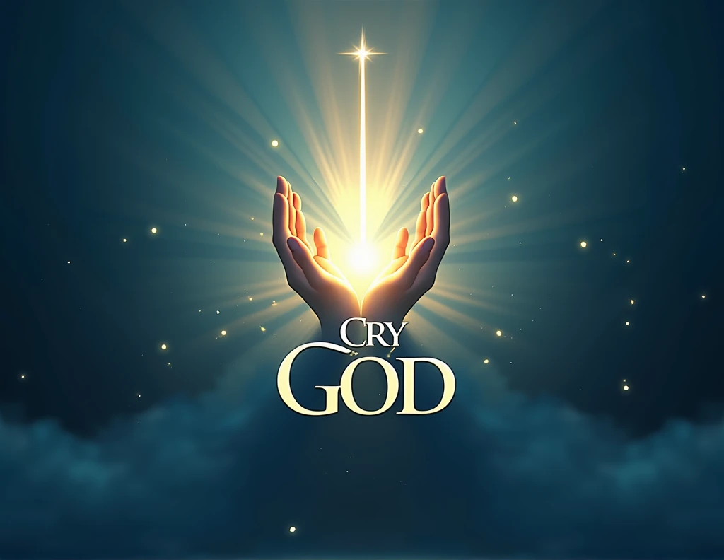 Create a logo for a channel called "Cry God". The logo must be visually appealing, modern and inspiring. Include elements that represent spirituality and divine connection, like a bright light, a subtle cross or praying hands. Use colors that convey calm and hope, like blue and gold, and include the name "Cry God" with an elegant and readable font. The design should be suitable for a video channel and work well as a strong, memorable visual brand..