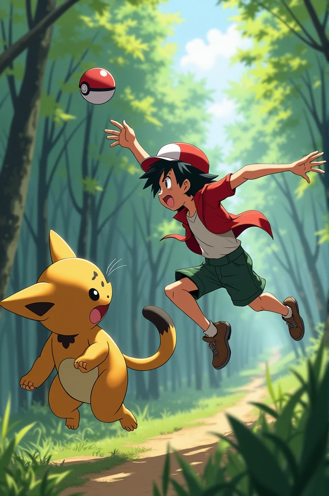 Ash Ketchum throwing a pokeball at a leopard 