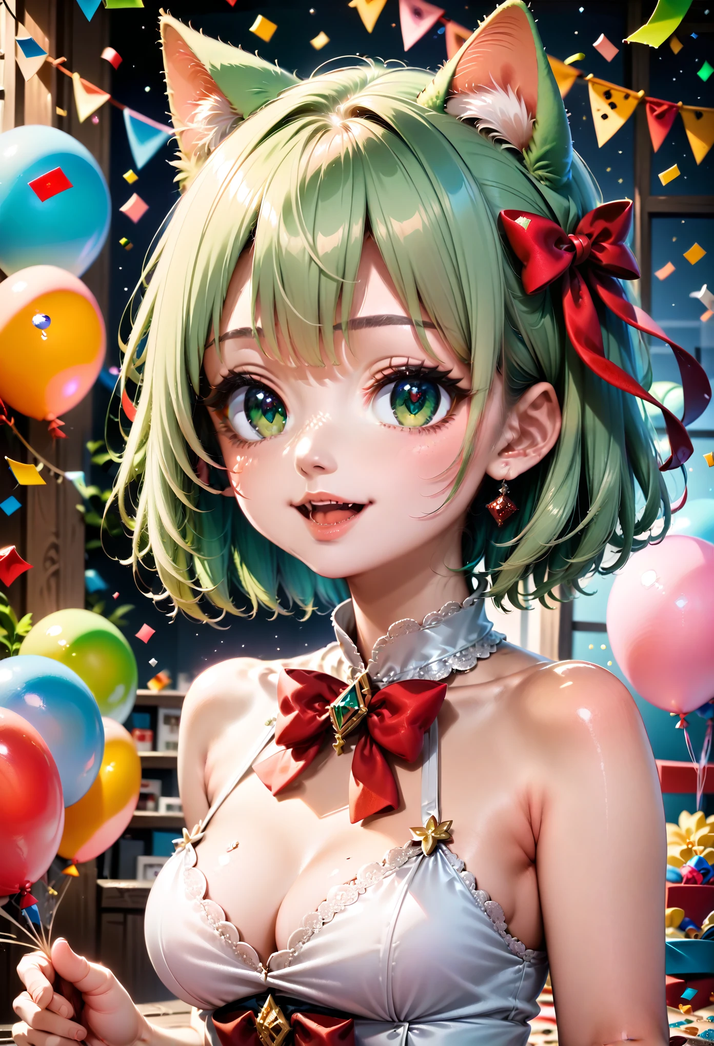 1 cat girl, emerald eyes, cat tail, cat ears, light green hair, short hair, smile, open mouth, cute, medium breasts, bare shoulders, red ribbon, (hair ribbon:1.1), dress, confetti, party, indoors, balloon, gorgeous, glitter, sharp focus, looking at viewer, upper body, (intricate:1.1), (light green tone:1.1), (light brown tone:0.9), (light green atmosphere:1.1), llustration, anime coloring, high contrast, BREAK (masterpiece:1.2), (best quality:1.2), (very aesthetic:1.2), (absurdres:1.2), (detailed background), newest, ai-generated, (intricate details:1.2),