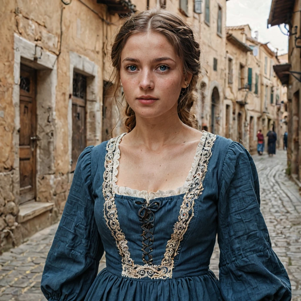 Best Quality, masterpiece, realistic photo, intricate details, raw photo, ultra detailed, old fashioned young woman, with peasant style dress, no necklines, by rubio, perfect detailed blue eyes, walking in an old city, high definition quality, 8k, young woman, 20 years