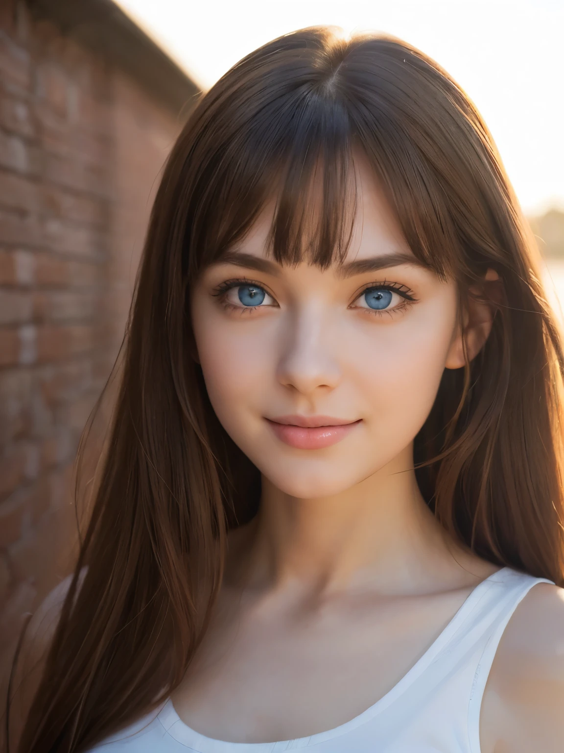 (Masterpiece, Hyperrealistic, 8k, HDR, RAW), ((Natural illumination)), contrast, sunset illumination, epic illumination, ((Pretty girl)), Britis girl, cute girl, ((Young face)), ((Pale skin)), ((Young girl)), ((Brown bangs)), ((Blue eyes)), ((White tanktop)), ((White translucent blouse)), ((Looking at viewer)), ((A brickwalk as background)), ((Amazing slender body)), cute face, (blush), sassy smile, big eyes, perfect anatomy
