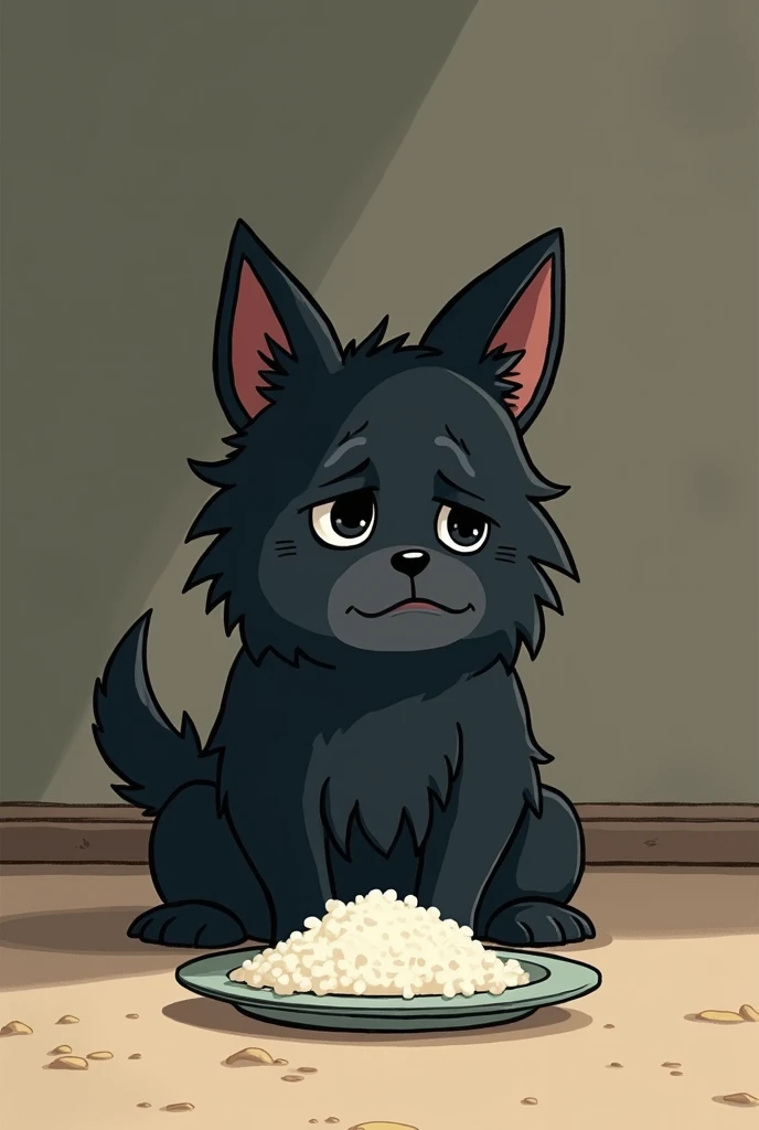 a little black and sad dog, They just give him a little bit of rice in a plate, IN CARTOONS