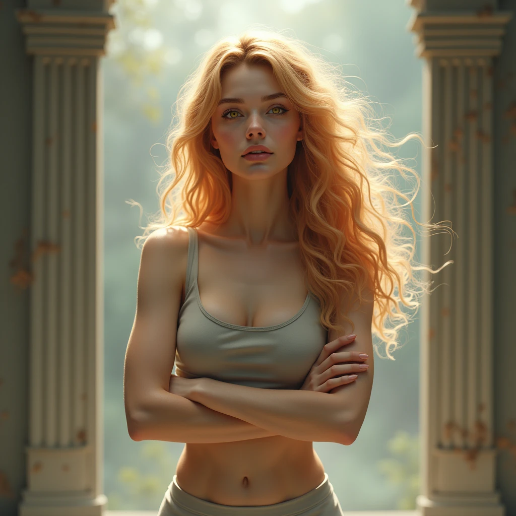 A very beautiful woman with wavy strawberry blonde hair and amber eyes with a fragile but powerful appearance, she is like a goddess, she is so beautiful. , She is simple and has a serene appearance, looking straight ahead, wearing a tank top and leggings, and she has her arms crossed. , realistic face detailed pores and details, hair color very strawberry color, amber eyes and a mysterious angelic face with a fragile appearance but a powerful woman who carries the power of a moon goddess she has a soft diamond shaped face