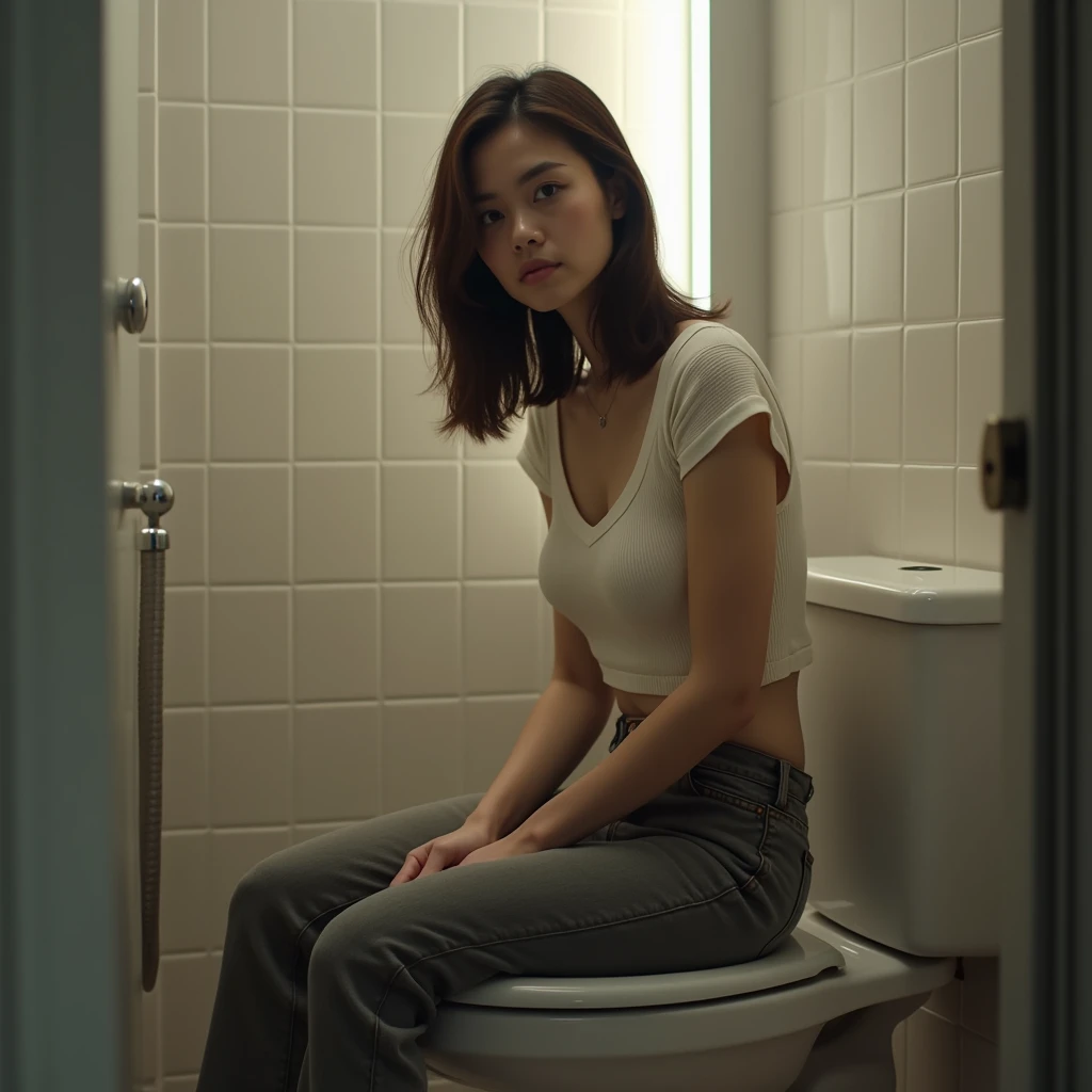 A woman using the toilet