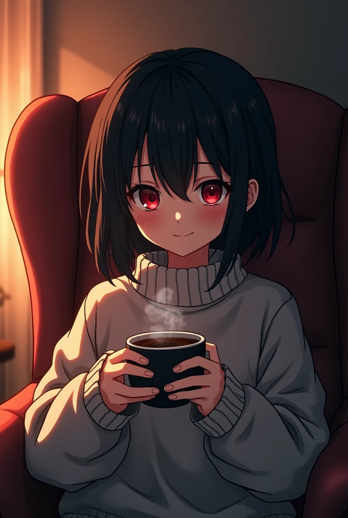 Young anime cannibal with black hair and dark red eyes wearing a sweater with a coffee in his hands and a small smile sitting in an armchair.