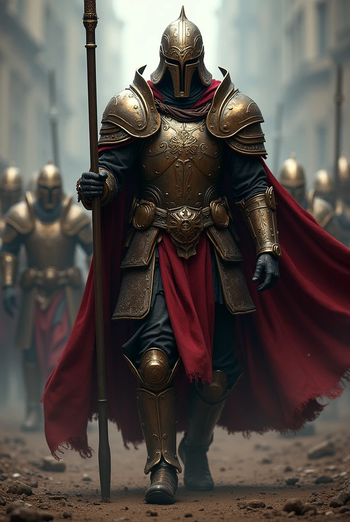painting of a man in a helmet and armor standing in front of a large group of soldiers, peter gric and dan mumford, beksiński and james jean, michael whelan and pixar, justin gerard and greg rutkowski, style of daniel merriam, andreas rocha and john howe, weta studio and james jean, larry macdougall --auto --s2