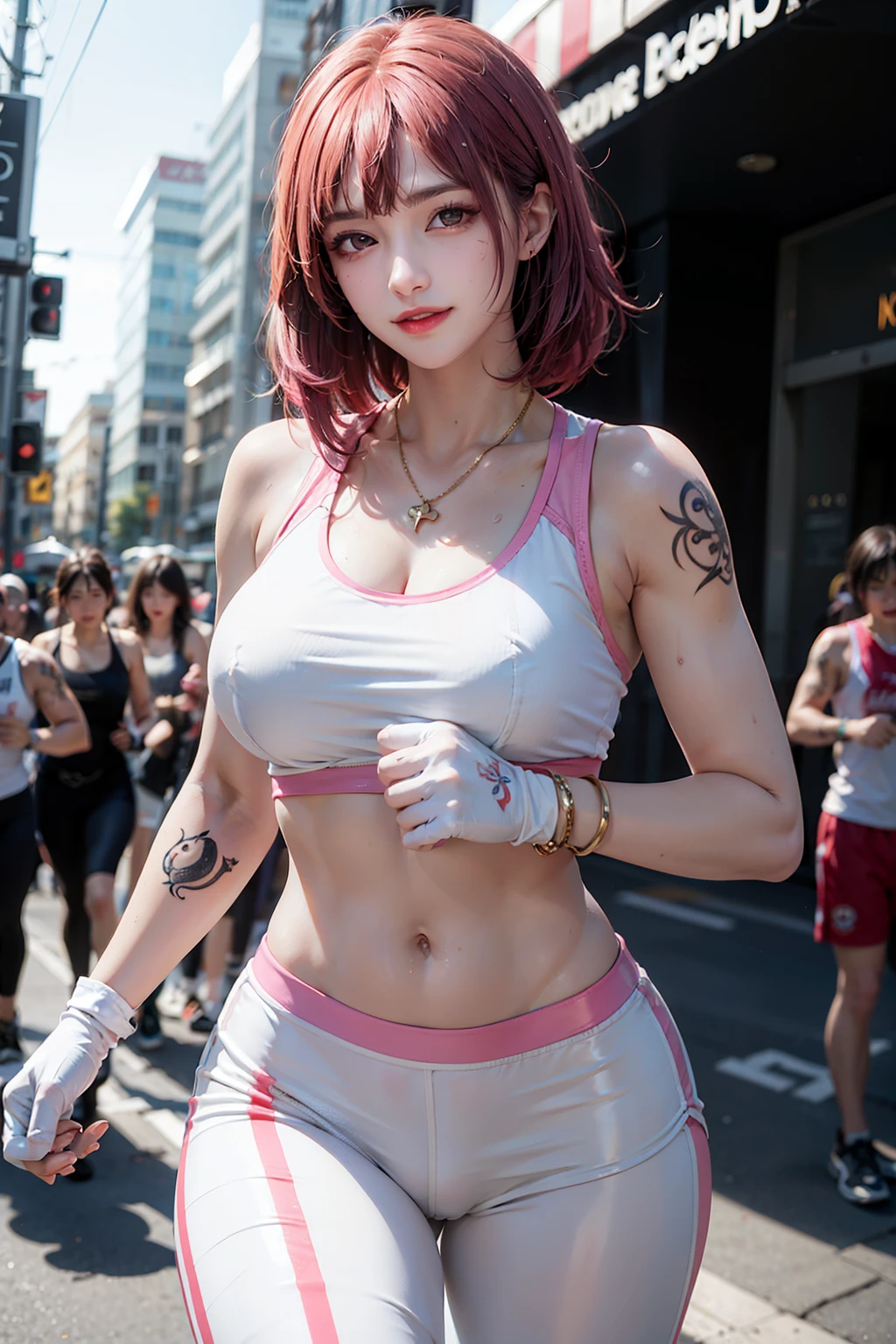 1Women, early 20s, fashion model, short silky pink hair, gold armlet, gold bracelet, golden eyes, happy, satisfied smile, golden cross necklace, Big breast, jewellery, shiny skin, sweating, wet, sweat, exercising, running, Tattoo. Tattooed. fashion clothes, sleeveless dress, cleavage, breast tattoo, chest tattoo, tattoo on upper breast, Tattoos. Gloves, sports pants, sports bra. crowd, bystanders, in public.