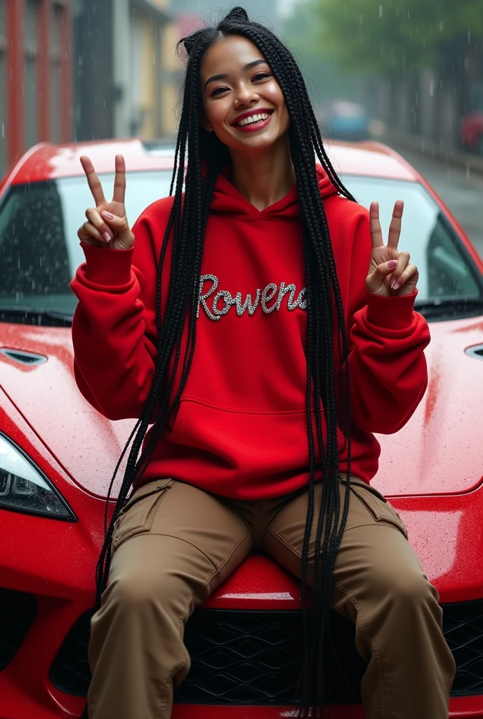 real full body photography image of beautiful Thai ,smiling wearing red hoodie with brown cargo pants and white rubber shoes,her fingers singn of peace, the hoodie has own names written" rowena " made of cristal neon black is written in the jacket, black long braids hairstyles,sitting out on the red luxury car with raining 300dpi, 100fps, UHD, HDR, high real image k hd