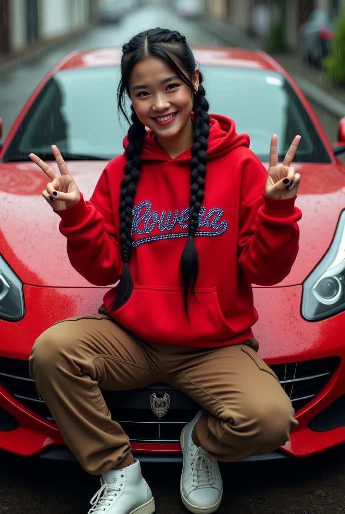 real full body photography image of beautiful Thai ,smiling wearing red hoodie with brown cargo pants and white rubber shoes,her fingers singn of peace, the hoodie has own names written" rowena " made of cristal neon black is written in the jacket, black long braids hairstyles,sitting out on the red luxury car with raining 300dpi, 100fps, UHD, HDR, high real image k hd