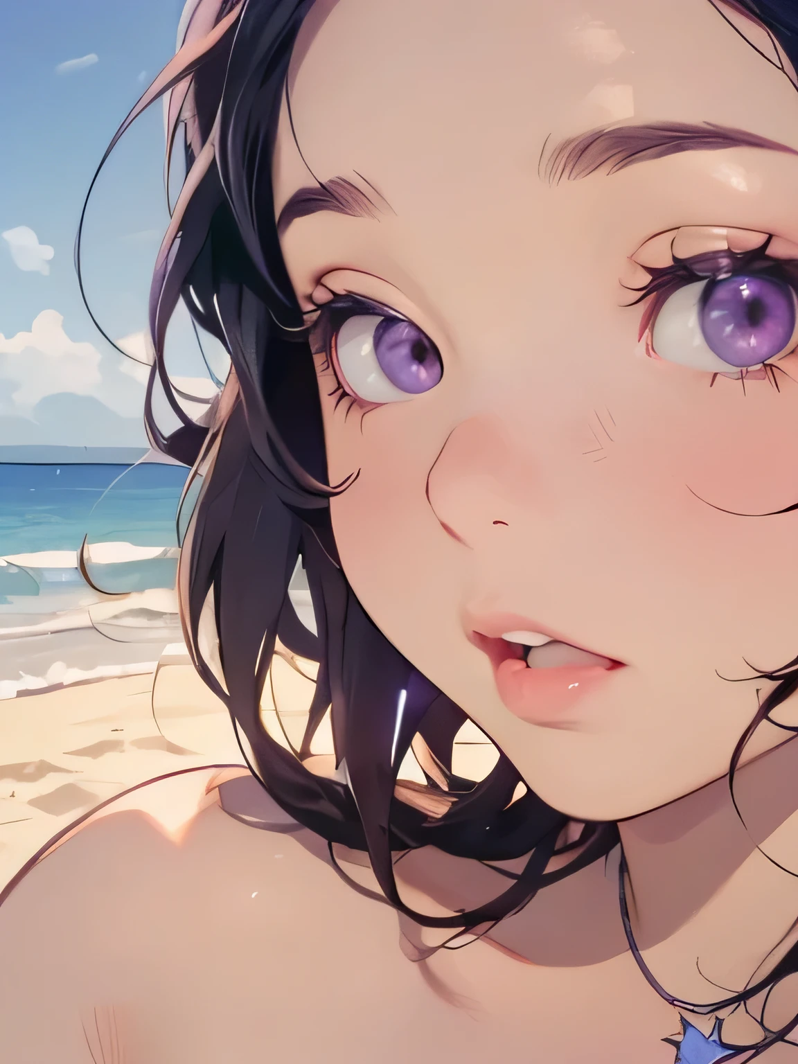 absurdres, high res, ultrasharp, 8K, {masterpiece}, expressive eyes, extremely detailed, best quality, perfect face, 1girl, solo, kochou shinobu, butterfly hair ornament, (purple eyes:1.3), multicolored hair, short hair, parted bangs, large breasts, pleased, beach, naked, nude, bent over,