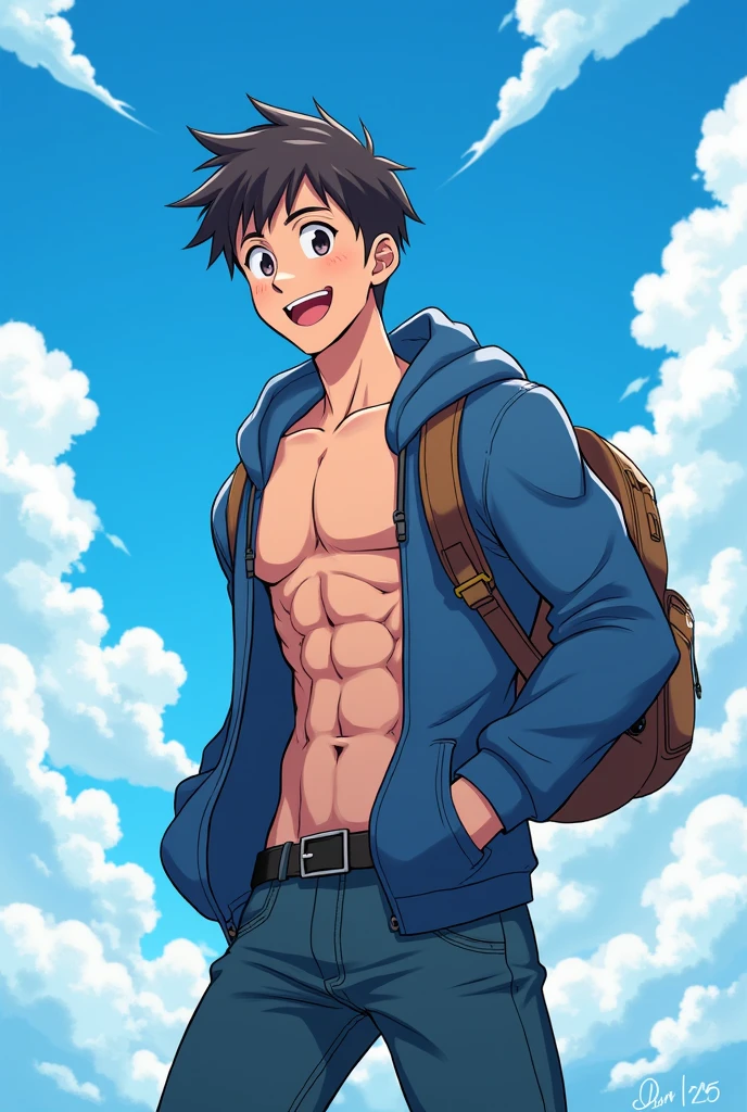 anime+ilustracion+hentai Finn, solo, smile, open mouth, 1boy, male, focus, sky, day, cloud, hood, bag, blue sky, hoodie, backpack, muscular, shirtless, panttless, small erected penis, medium body, cowboy_position,