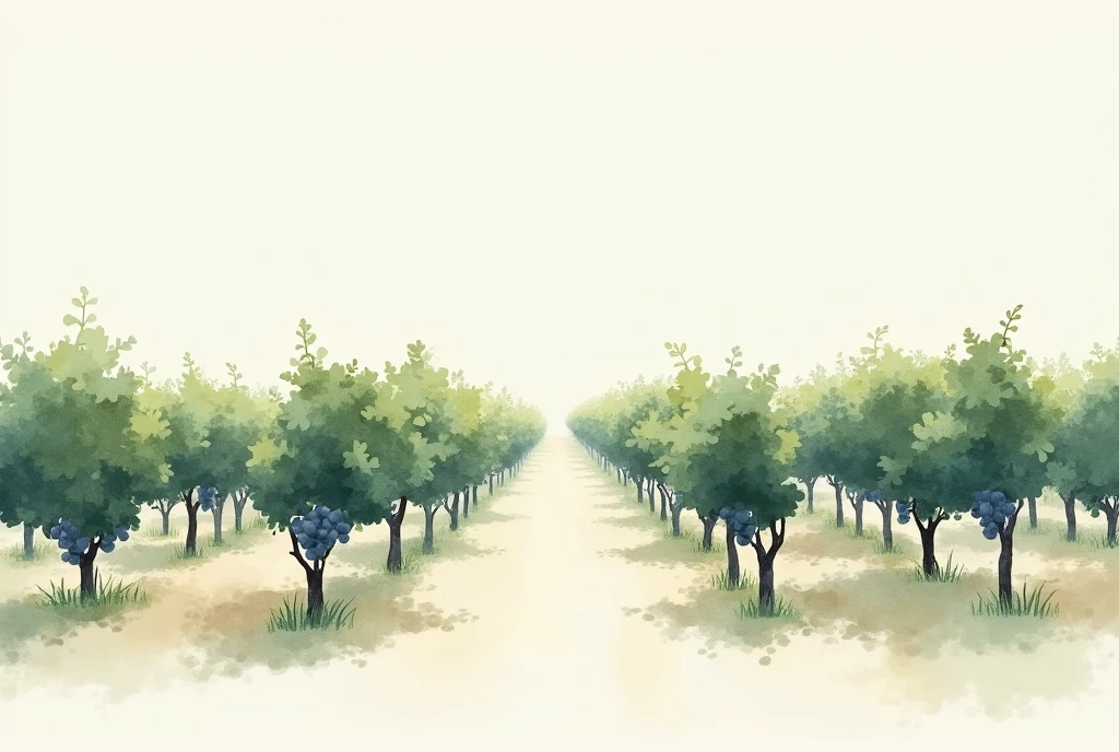 Create a minimalist watercolor illustration of a wine grape plantation, using only two colors. The image should capture the essence of the vines and grapes in a simple and elegant way., with an artistic touch typical of watercolors.minimalism, illustration, 
